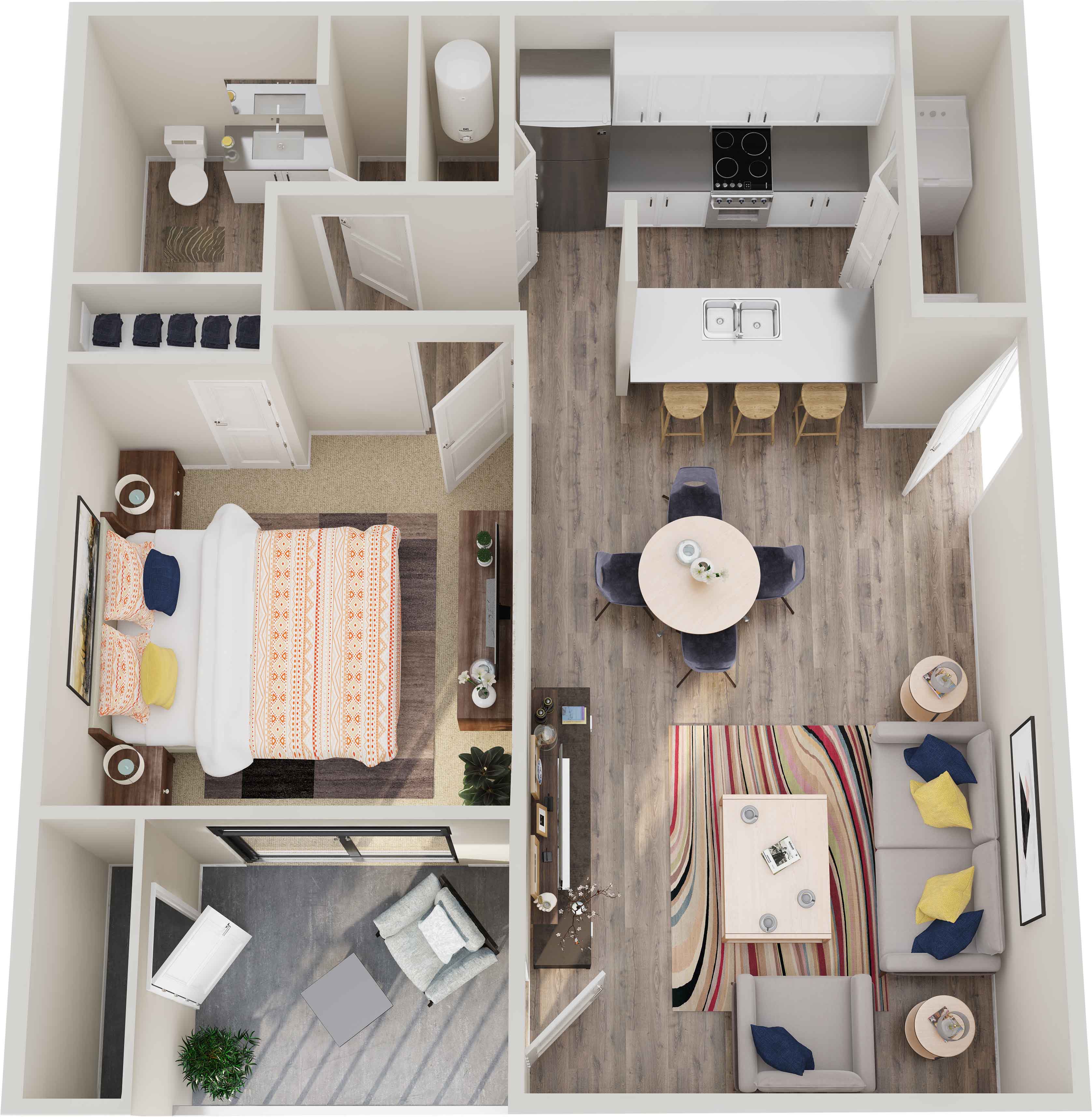 Floor plan for 1 bed, 1 bath, 719 sqft